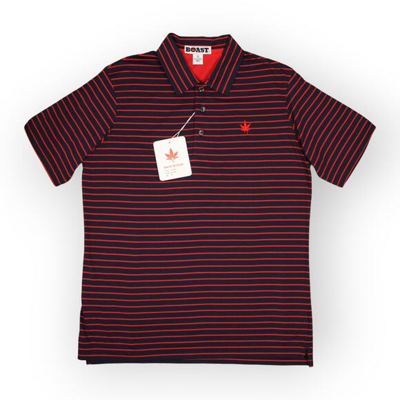 BOAST USA Men Medium Classic Jersey Striped Polo Shirt Navy Red Cotton Leaf Logo - Picture 9 of 14